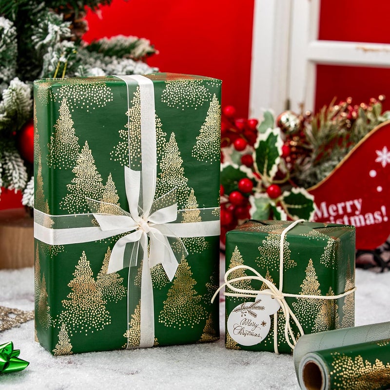 MAYPLUSS Christmas Wrapping Paper Roll, Green and Gold Tree Wrapping Paper, Gold Foil Christmas Tree Design Winter Holiday Gift Wrap Neutral for Gift Packaging, Festive Decoration (17 Inch X 33 Feet) - Image 5